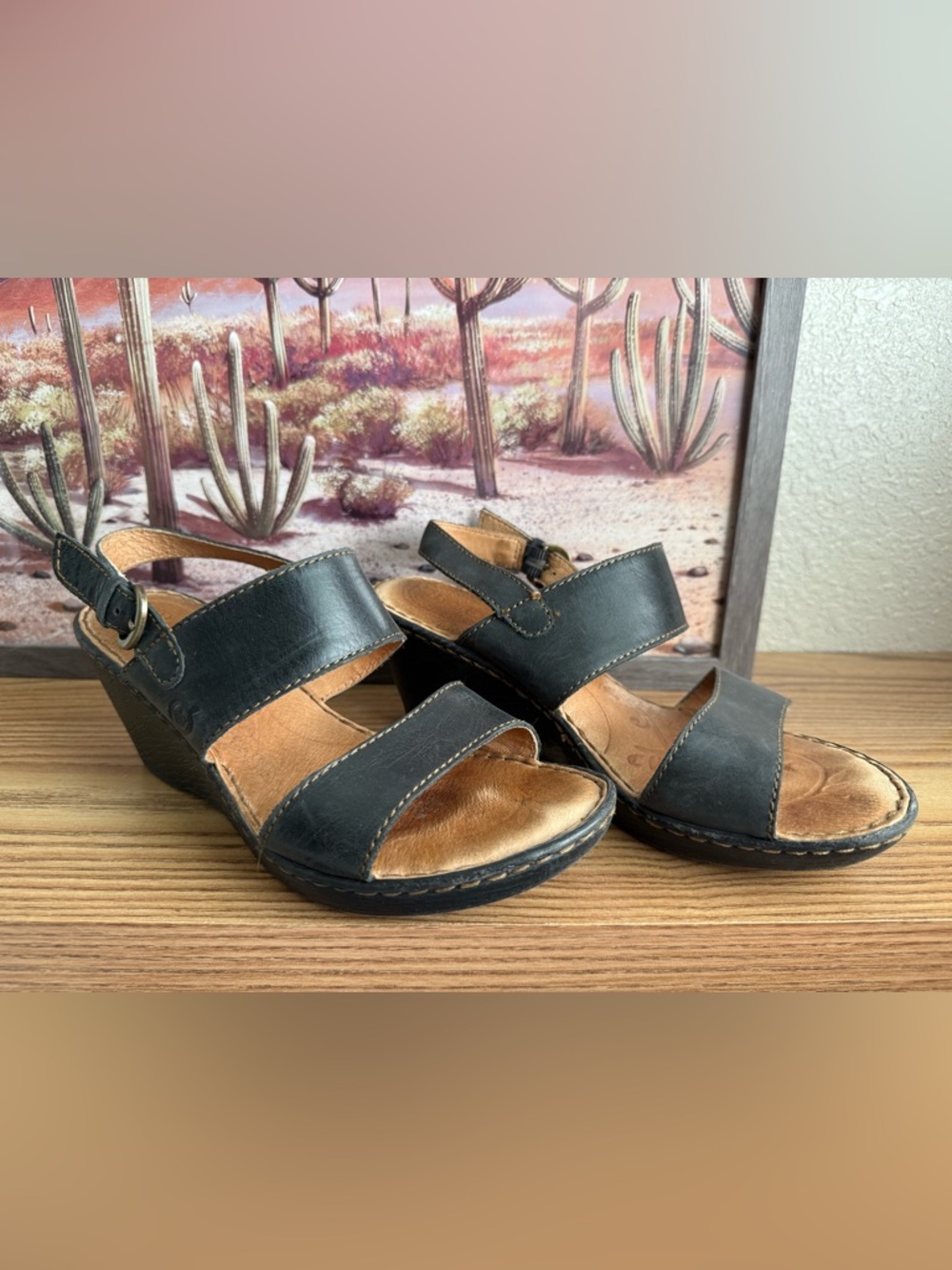 Born Women's Black Leather Wedge Sandals